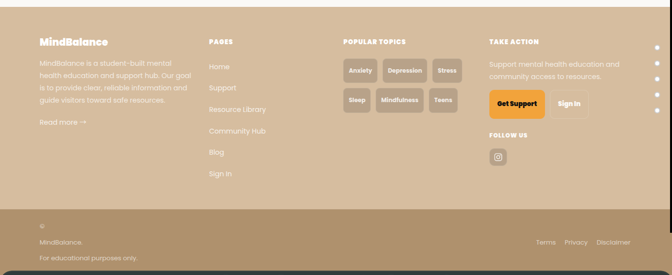 Early version of the footer with tan background, showing MindBalance branding and a Get Support button in orange