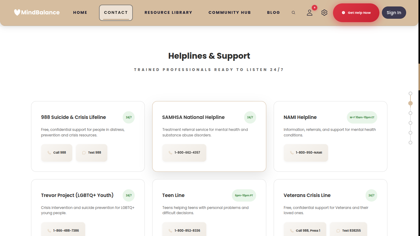 Early version of the Helplines and Support page showing basic card layout with green accents